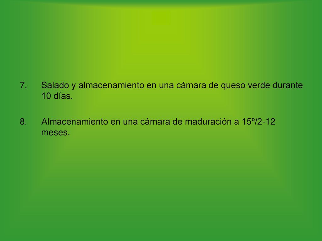 Salado y almacenamiento en una cámara de queso verde durante 10 días.