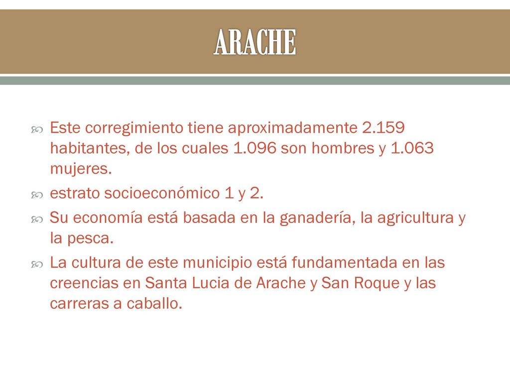 ARACHE Este corregimiento tiene aproximadamente habitantes, de los cuales son hombres y mujeres.