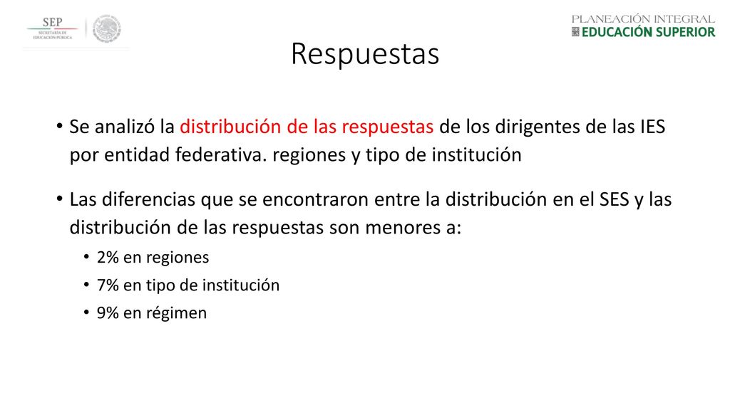 Respuestas Se analizó la distribución de las respuestas de los dirigentes de las IES por entidad federativa. regiones y tipo de institución.