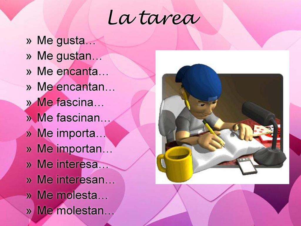 La tarea Me gusta… Me gustan… Me encanta… Me encantan… Me fascina…