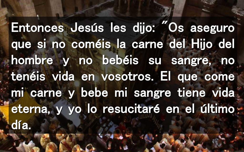 Entonces Jesús les dijo: Os aseguro que si no coméis la carne del Hijo del hombre y no bebéis su sangre, no tenéis vida en vosotros.
