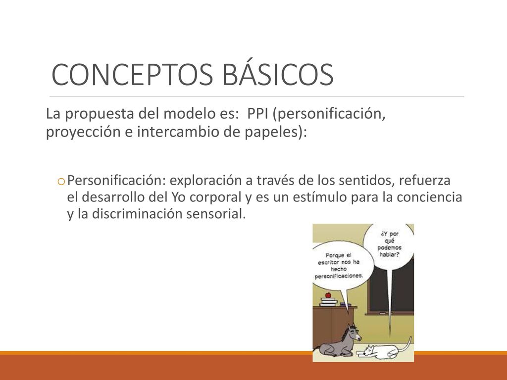 CONCEPTOS BÁSICOS La propuesta del modelo es: PPI (personificación, proyección e intercambio de papeles):