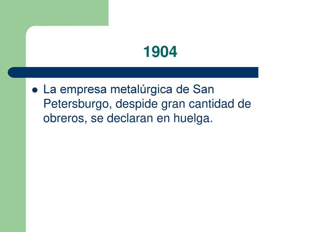 1904 La empresa metalúrgica de San Petersburgo, despide gran cantidad de obreros, se declaran en huelga.