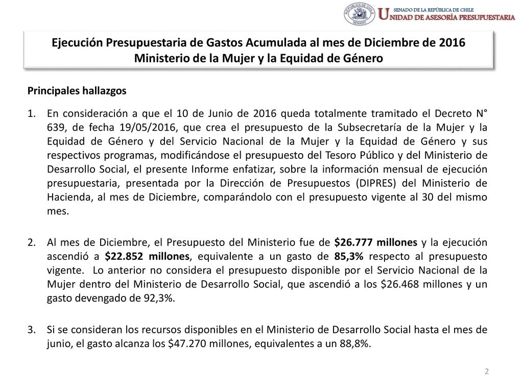 Ejecución Presupuestaria de Gastos Acumulada al mes de Diciembre de 2016 Ministerio de la Mujer y la Equidad de Género
