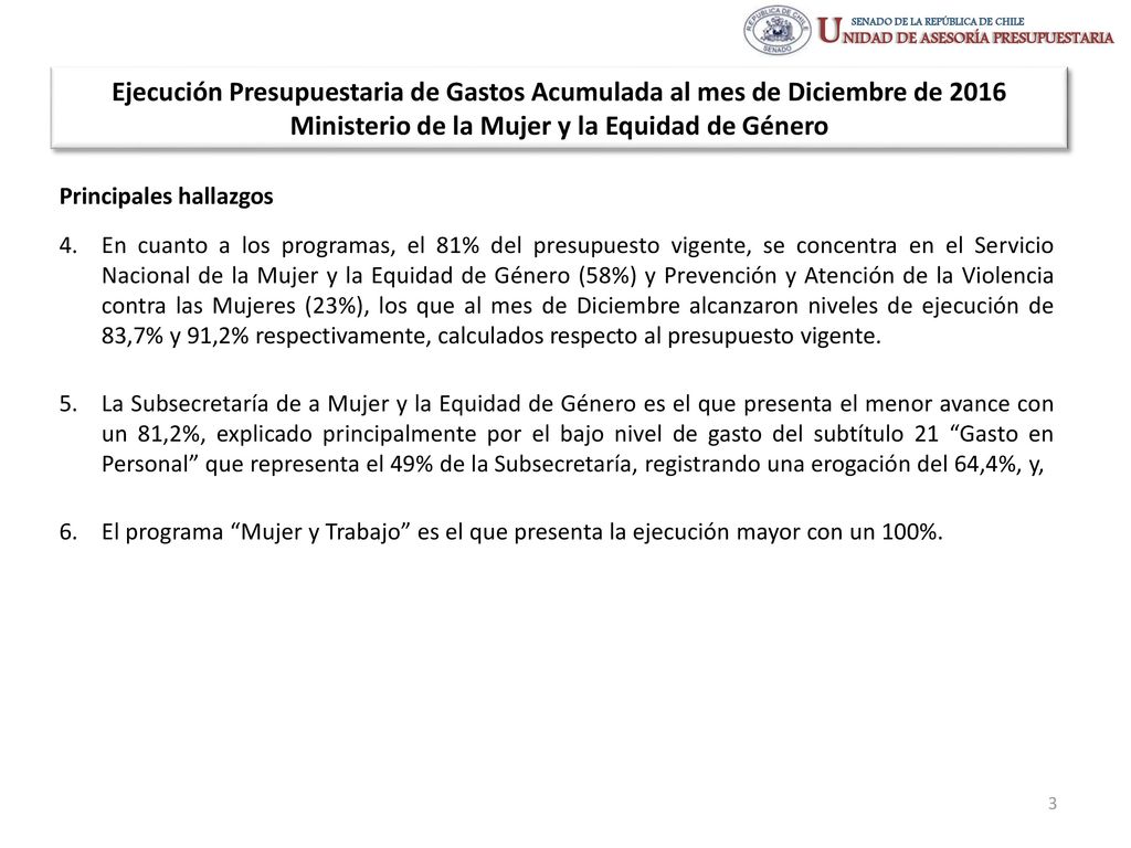 Ejecución Presupuestaria de Gastos Acumulada al mes de Diciembre de 2016 Ministerio de la Mujer y la Equidad de Género