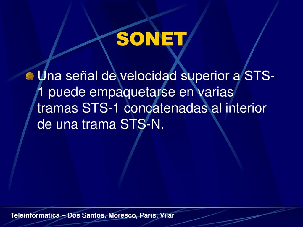 SONET Una señal de velocidad superior a STS-1 puede empaquetarse en varias tramas STS-1 concatenadas al interior de una trama STS-N.