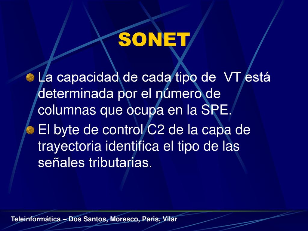 SONET La capacidad de cada tipo de VT está determinada por el número de columnas que ocupa en la SPE.