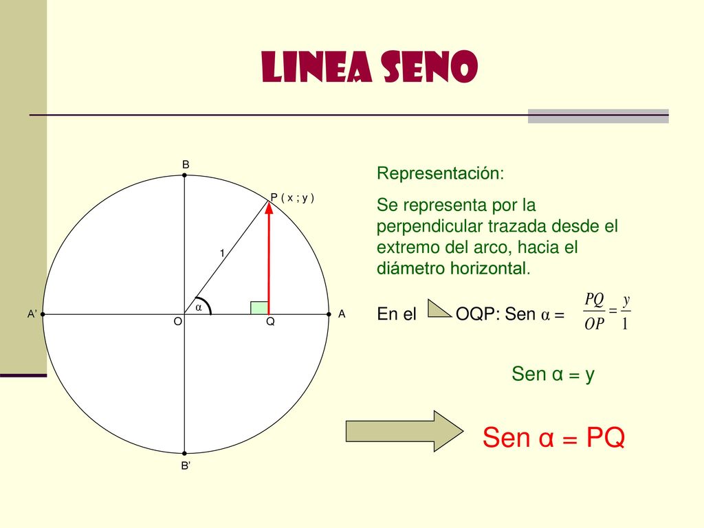 LINEA SENO Sen α = PQ Sen α = y Representación: