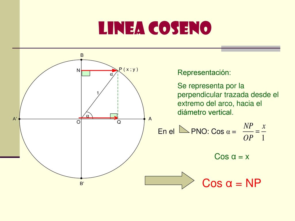LINEA COSENO Cos α = NP Cos α = x Representación: