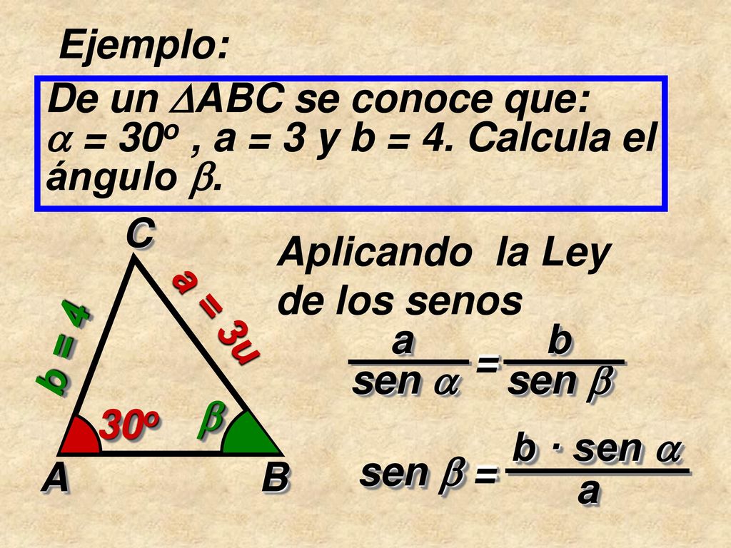 Ejemplo: De un ABC se conoce que:  = 30o , a = 3 y b = 4. Calcula el ángulo . A B.