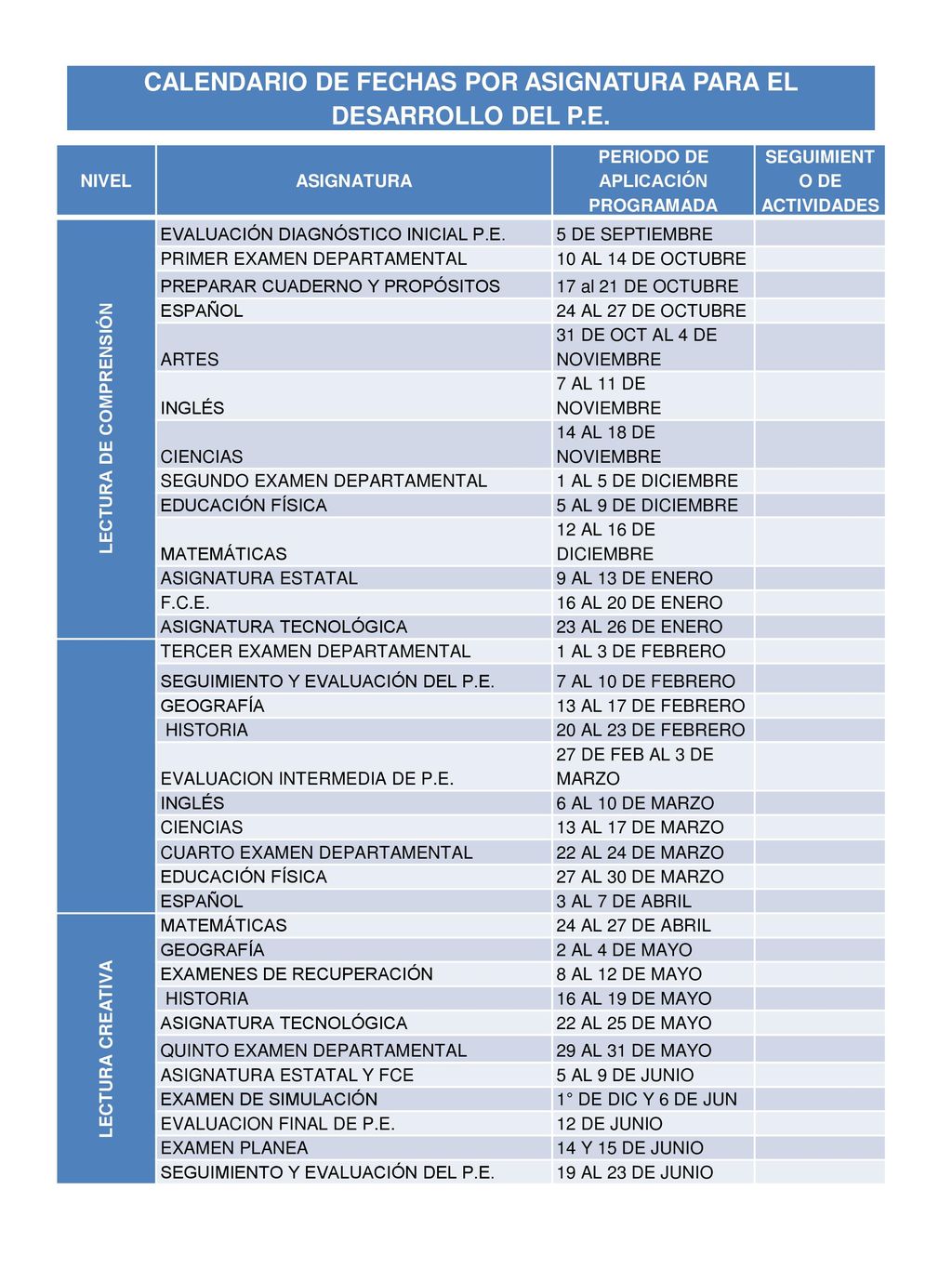 CALENDARIO DE FECHAS POR ASIGNATURA PARA EL DESARROLLO DEL P.E.