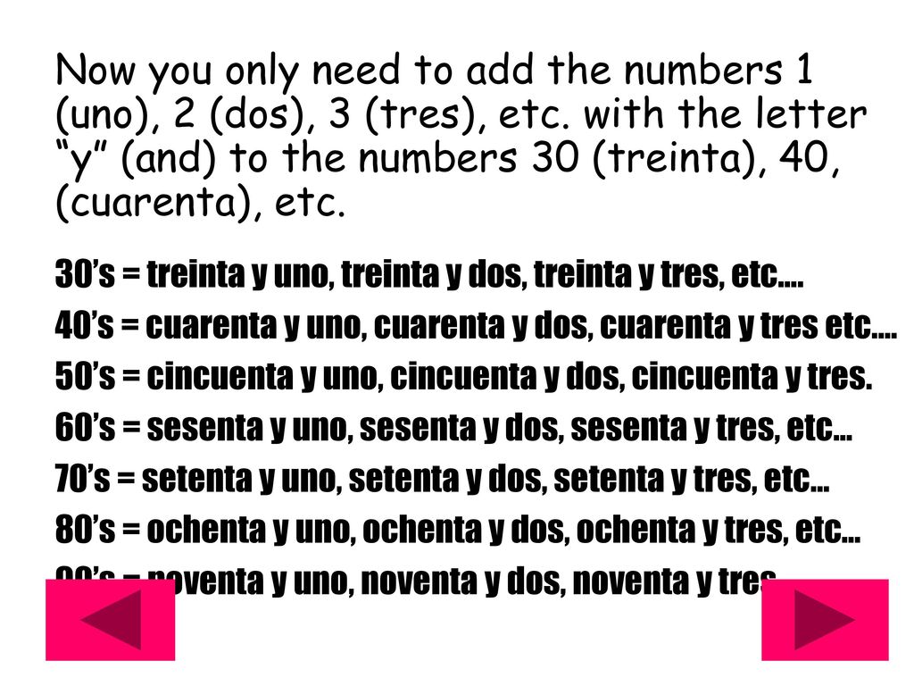 Now you only need to add the numbers 1 (uno), 2 (dos), 3 (tres), etc