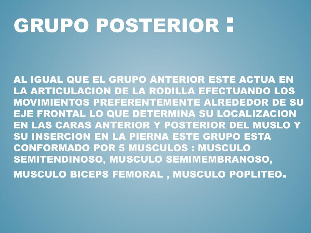 GRUPO POSTERIOR : AL IGUAL QUE EL GRUPO ANTERIOR ESTE ACTUA EN LA ARTICULACION DE LA RODILLA EFECTUANDO LOS MOVIMIENTOS PREFERENTEMENTE ALREDEDOR DE SU EJE FRONTAL LO QUE DETERMINA SU LOCALIZACION EN LAS CARAS ANTERIOR Y POSTERIOR DEL MUSLO Y SU INSERCION EN LA PIERNA ESTE GRUPO ESTA CONFORMADO POR 5 MUSCULOS : MUSCULO SEMITENDINOSO, MUSCULO SEMIMEMBRANOSO, MUSCULO BICEPS FEMORAL , MUSCULO POPLITEO.