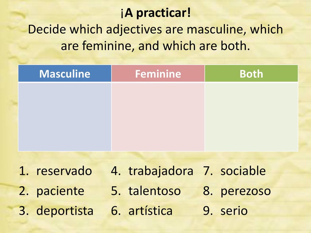 ¡A practicar! Decide which adjectives are masculine, which are feminine, and which are both.