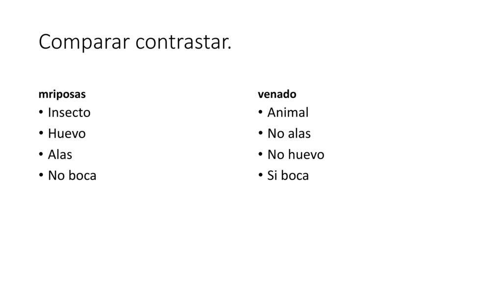 Comparar contrastar. Insecto Huevo Alas No boca Animal No alas