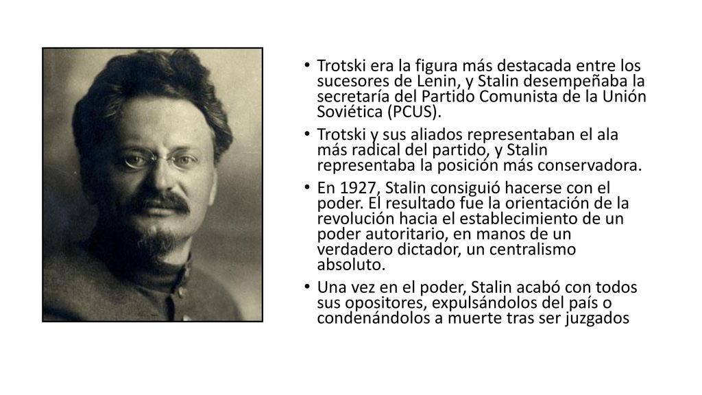 Trotski era la figura más destacada entre los sucesores de Lenin, y Stalin desempeñaba la secretaría del Partido Comunista de la Unión Soviética (PCUS).