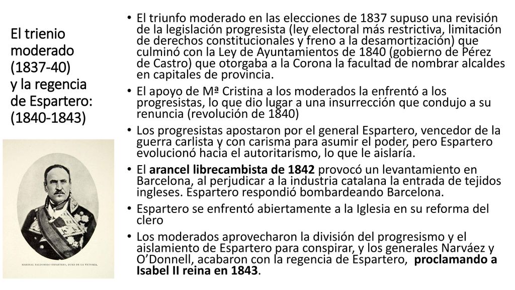 El trienio moderado ( ) y la regencia de Espartero: ( )