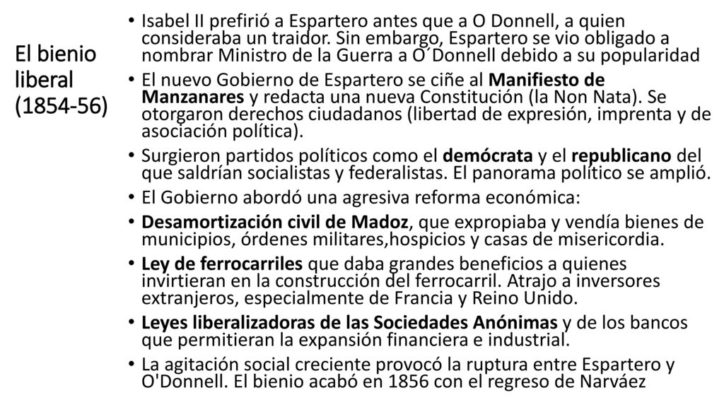 Isabel II prefirió a Espartero antes que a O Donnell, a quien consideraba un traidor. Sin embargo, Espartero se vio obligado a nombrar Ministro de la Guerra a O´Donnell debido a su popularidad