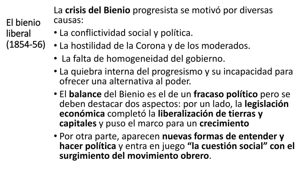 La crisis del Bienio progresista se motivó por diversas causas: