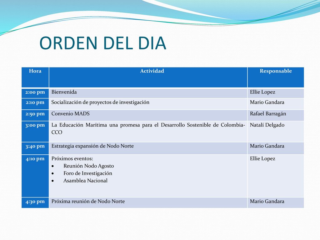 ORDEN DEL DIA Hora Actividad Responsable 2:00 pm Bienvenida