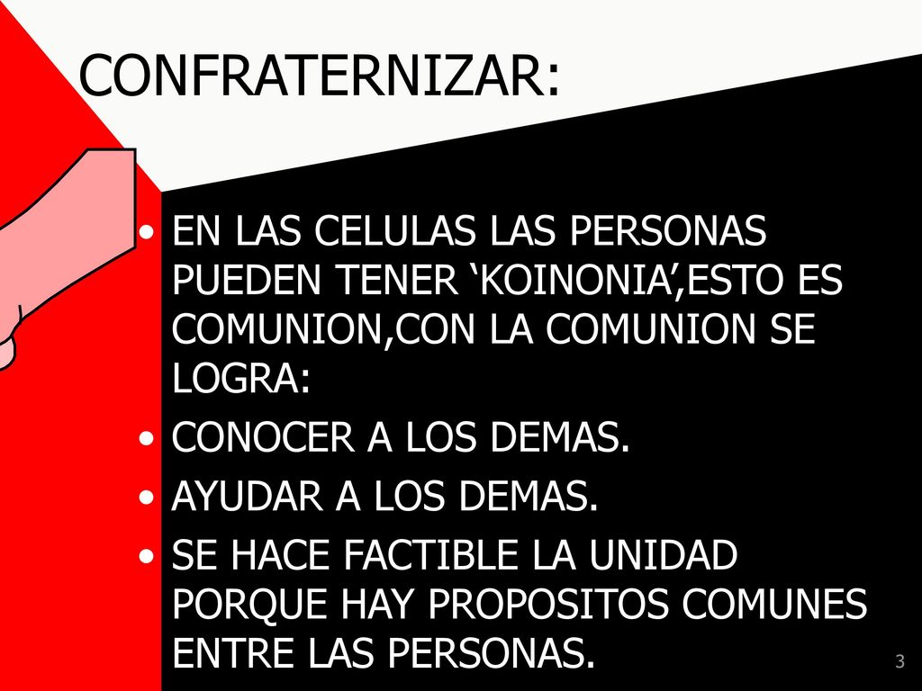 CONFRATERNIZAR: EN LAS CELULAS LAS PERSONAS PUEDEN TENER ‘KOINONIA’,ESTO ES COMUNION,CON LA COMUNION SE LOGRA: