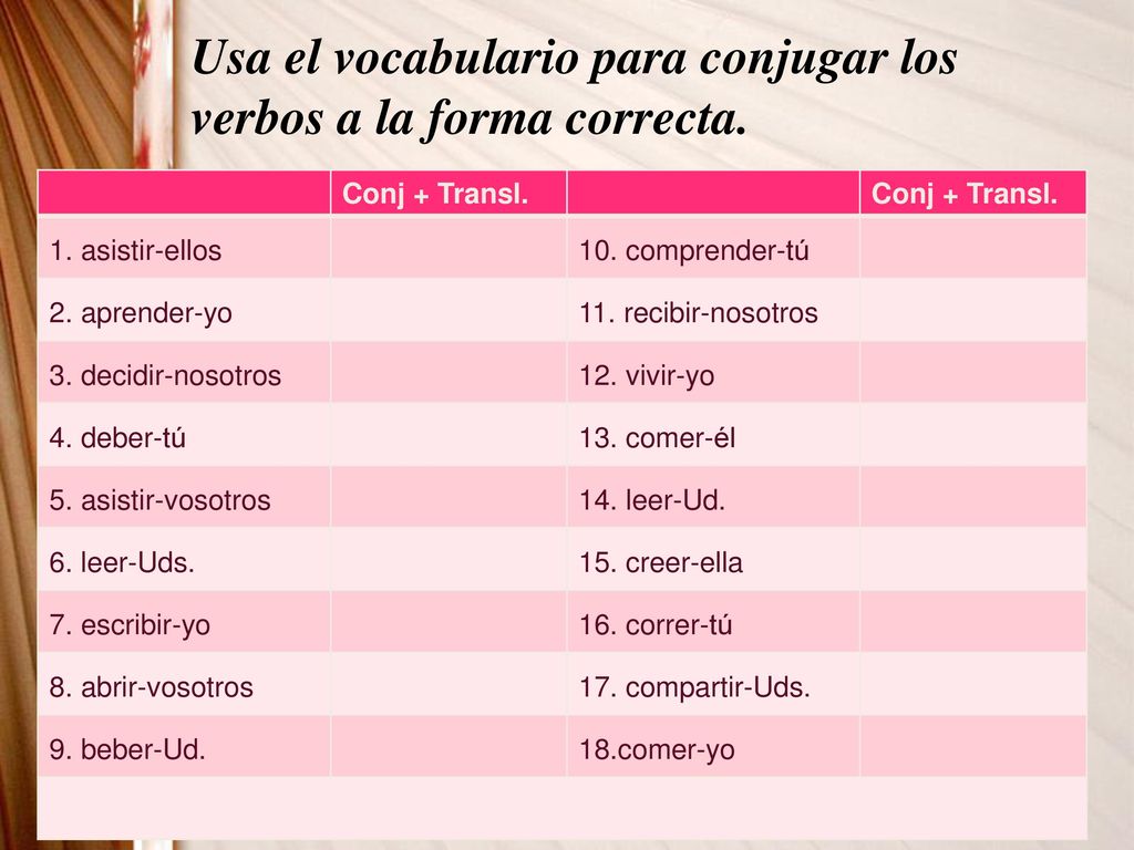 Usa el vocabulario para conjugar los verbos a la forma correcta.