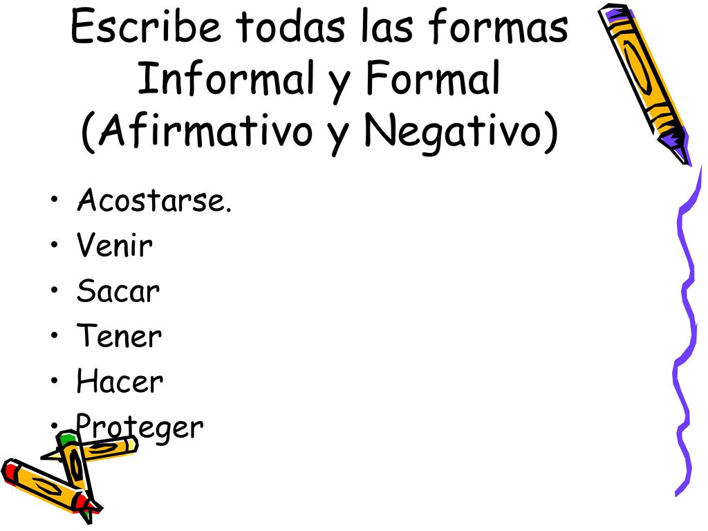 Escribe todas las formas Informal y Formal (Afirmativo y Negativo)