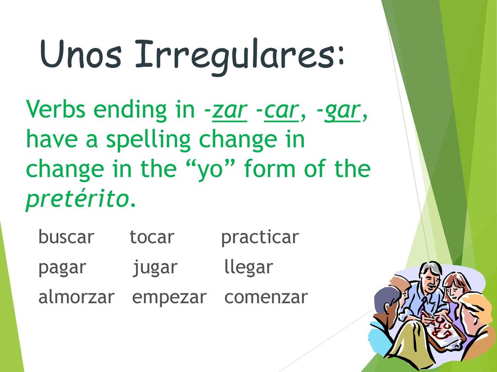 Unos Irregulares: Verbs ending in -zar -car, -gar, have a spelling change in change in the yo form of the pretérito.