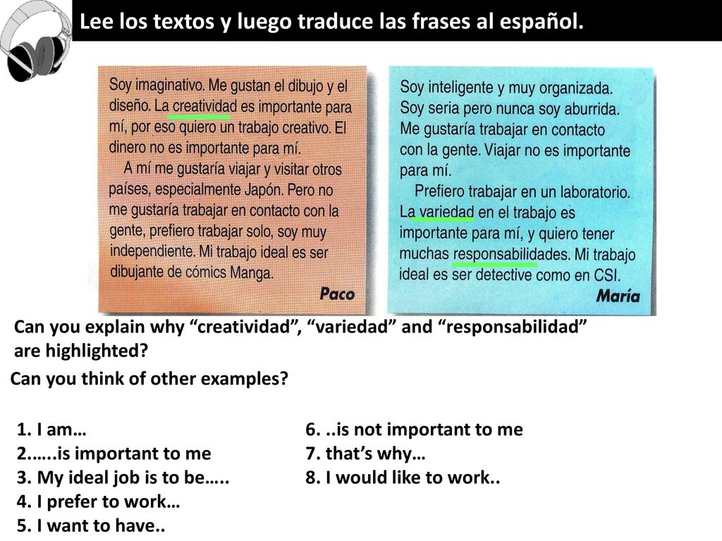 Lee los textos y luego traduce las frases al español.