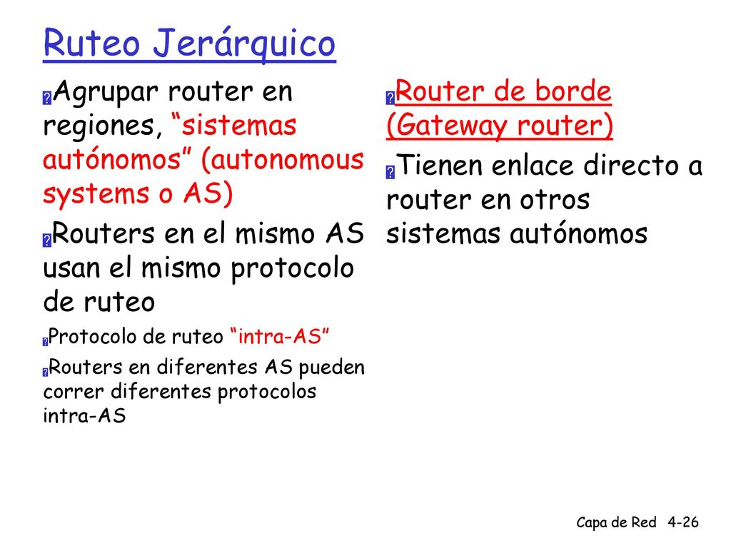 Ruteo Jerárquico Agrupar router en regiones, sistemas autónomos (autonomous systems o AS)