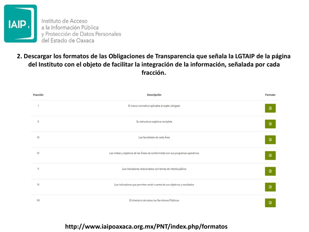 2. Descargar los formatos de las Obligaciones de Transparencia que señala la LGTAIP de la página del Instituto con el objeto de facilitar la integración de la información, señalada por cada fracción.