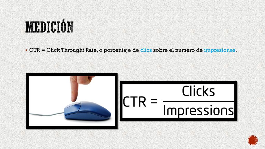Medición CTR = Click Throught Rate, o porcentaje de clics sobre el número de impresiones.
