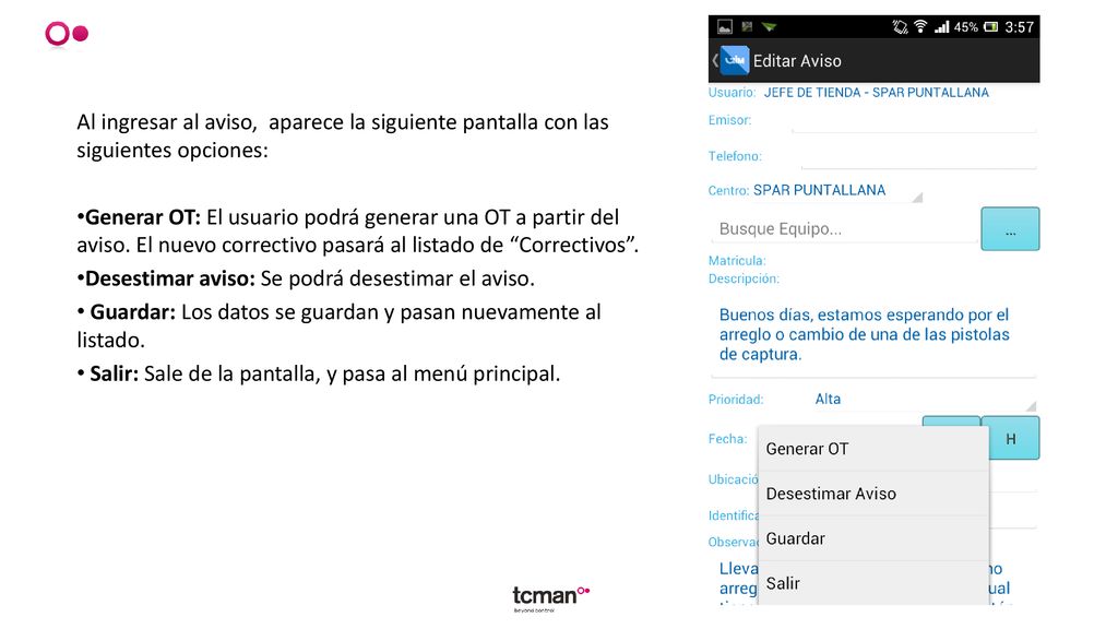 Al ingresar al aviso, aparece la siguiente pantalla con las siguientes opciones: