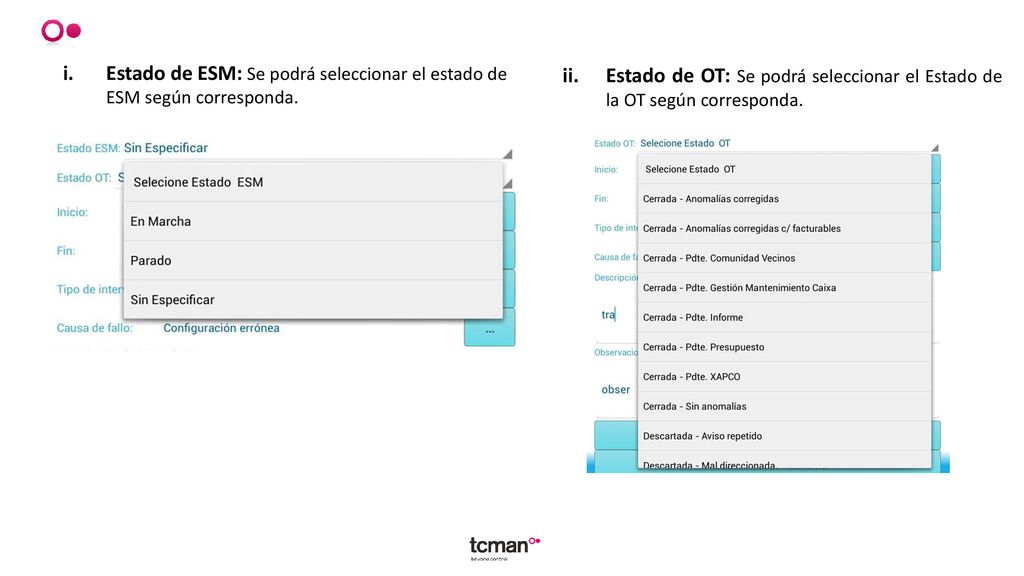 Estado de ESM: Se podrá seleccionar el estado de ESM según corresponda.