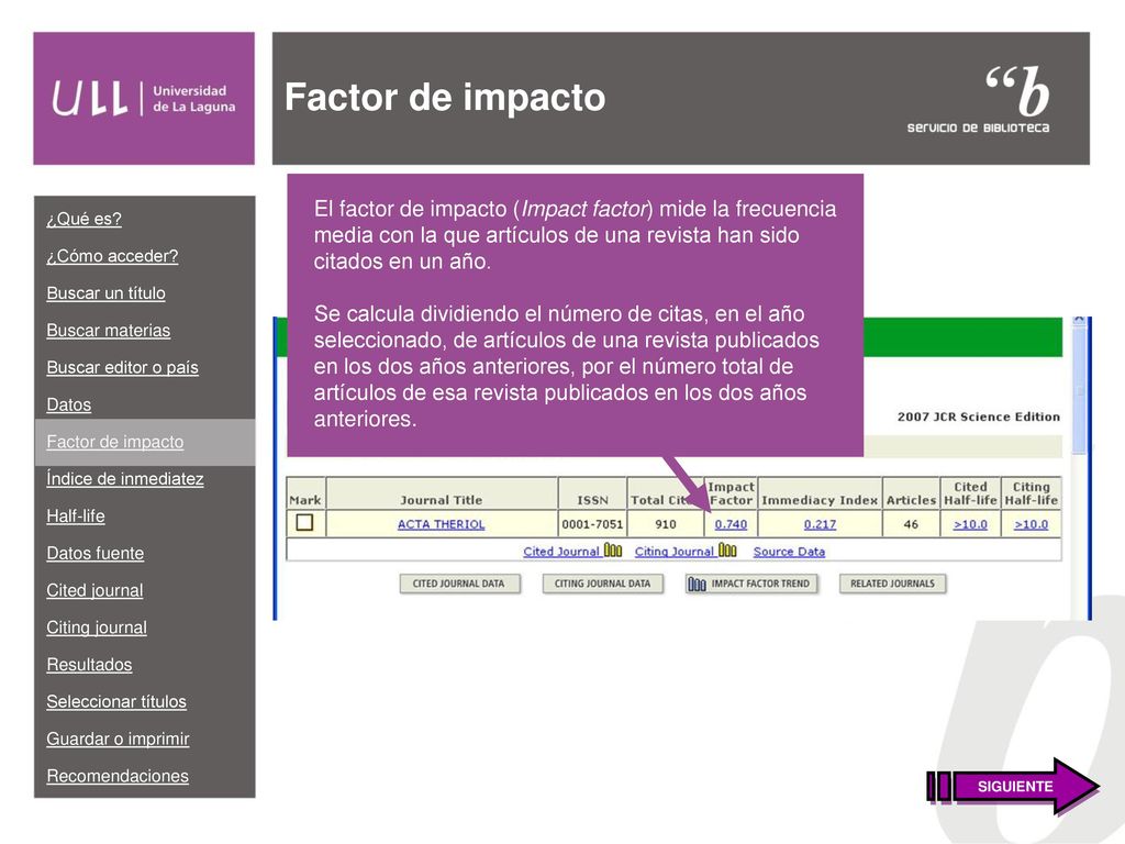 Factor de impacto El factor de impacto (Impact factor) mide la frecuencia media con la que artículos de una revista han sido citados en un año.