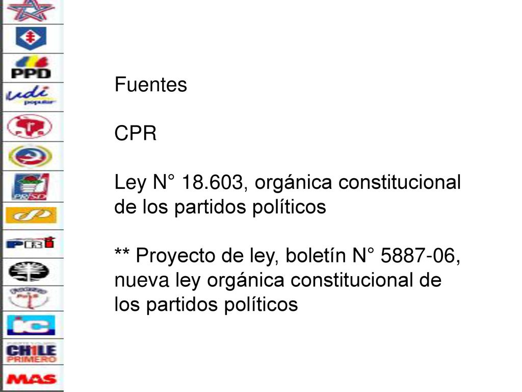 Fuentes CPR Ley N° , orgánica constitucional de los partidos políticos ** Proyecto de ley, boletín N° , nueva ley orgánica constitucional de los partidos políticos