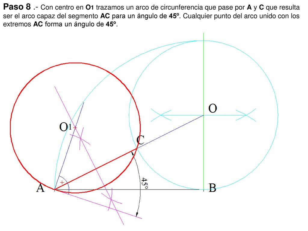 Paso 8 .- Con centro en O1 trazamos un arco de circunferencia que pase por A y C que resulta ser el arco capaz del segmento AC para un ángulo de 45º.