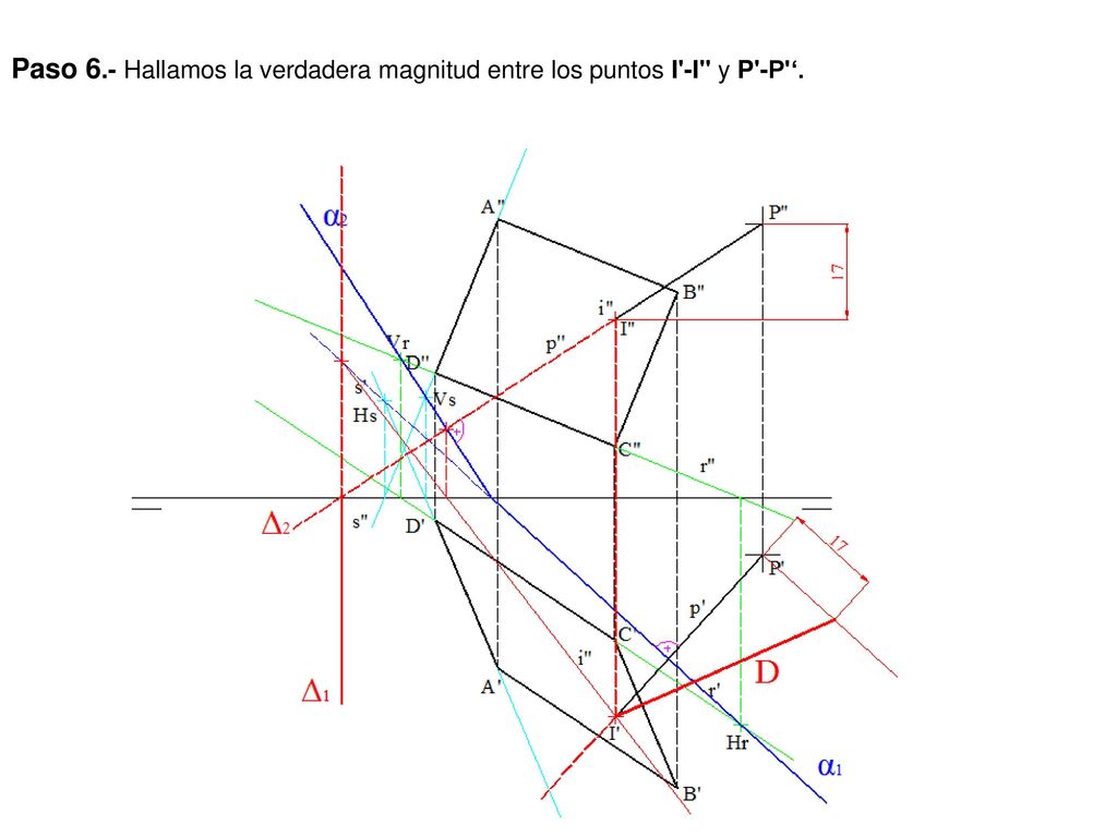 Paso 6.- Hallamos la verdadera magnitud entre los puntos I -I y P -P ‘.