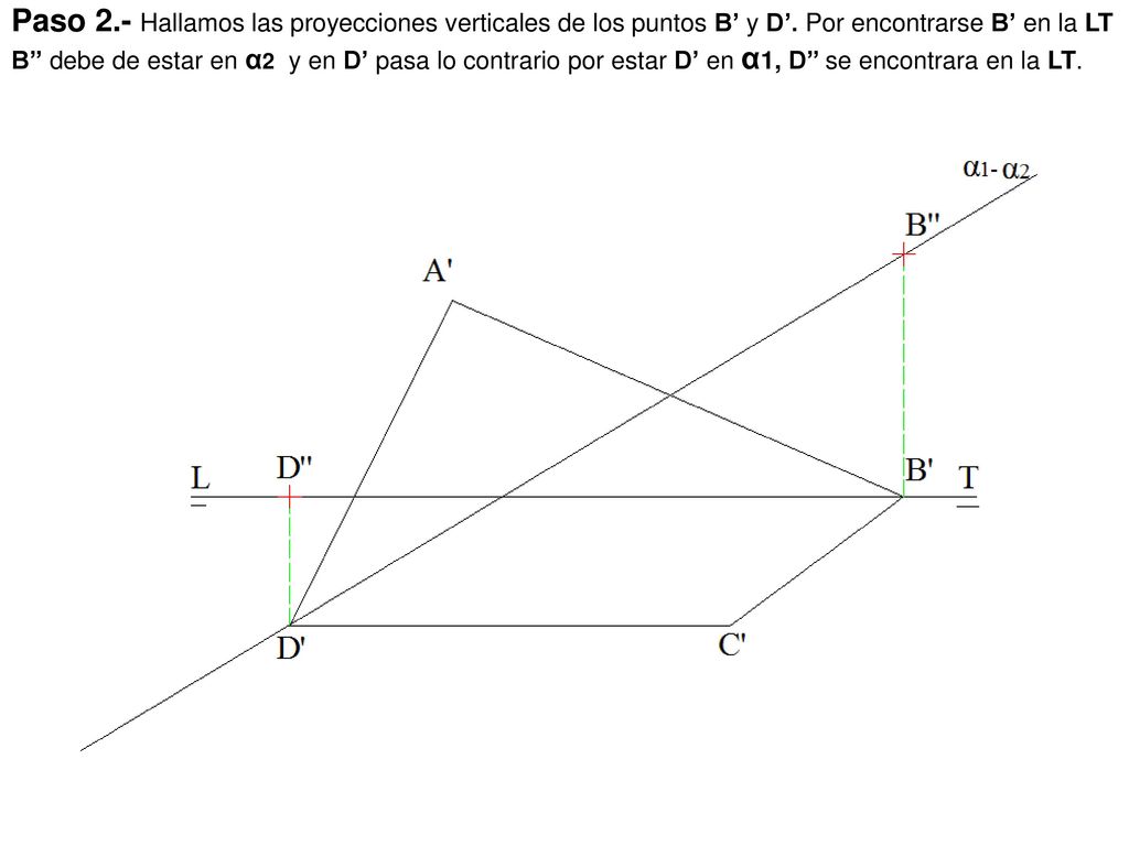 Paso 2. - Hallamos las proyecciones verticales de los puntos B’ y D’