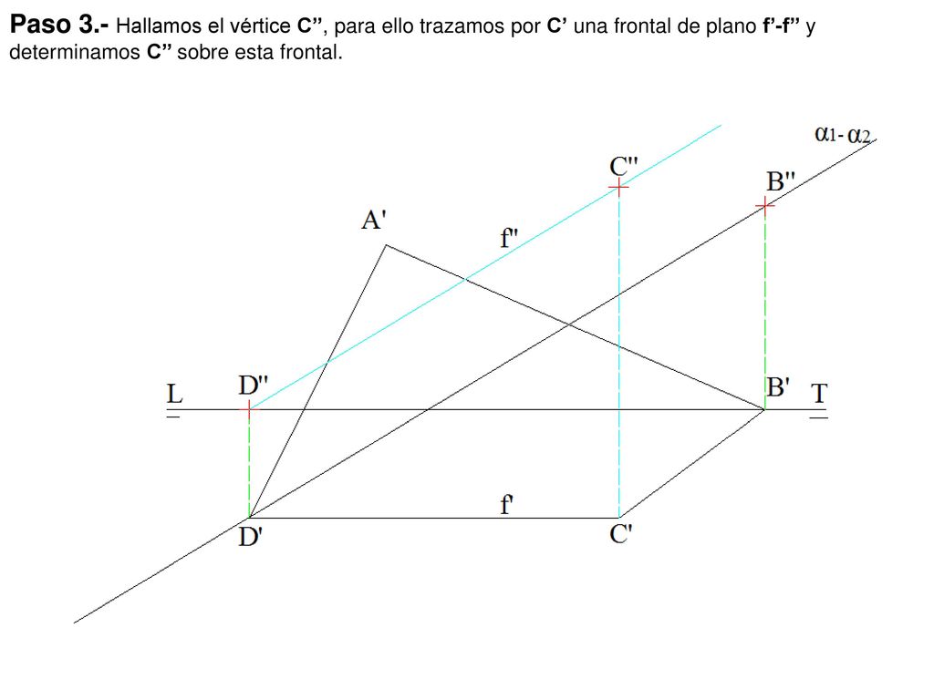 Paso 3.- Hallamos el vértice C’’, para ello trazamos por C’ una frontal de plano f’-f’’ y determinamos C’’ sobre esta frontal.