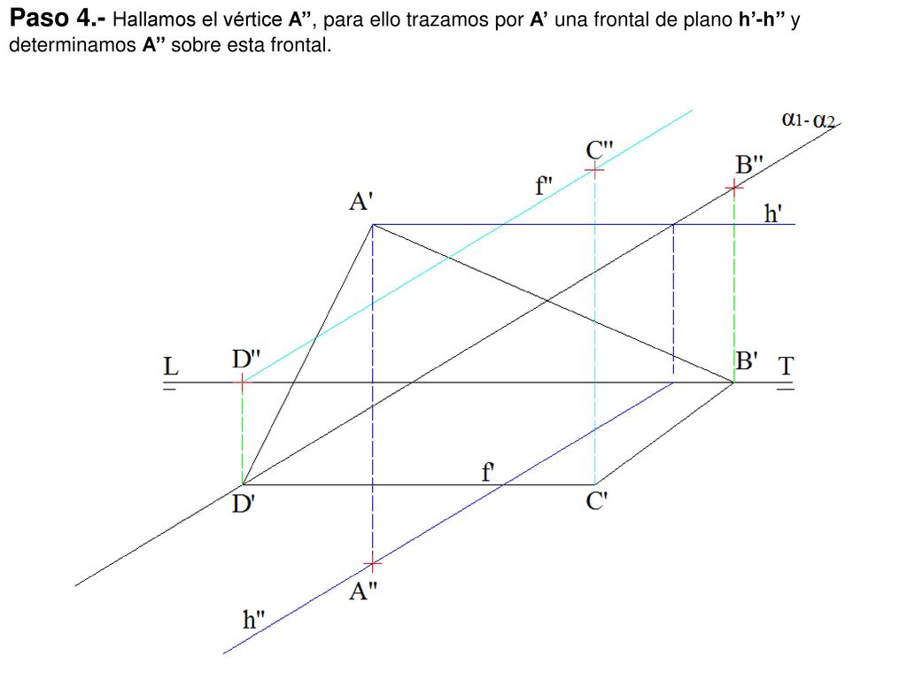 Paso 4.- Hallamos el vértice A’’, para ello trazamos por A’ una frontal de plano h’-h’’ y determinamos A’’ sobre esta frontal.