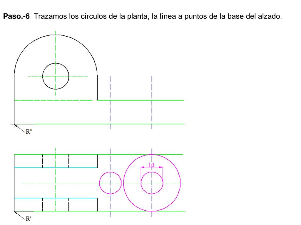 Paso.-6 Trazamos los círculos de la planta, la línea a puntos de la base del alzado.