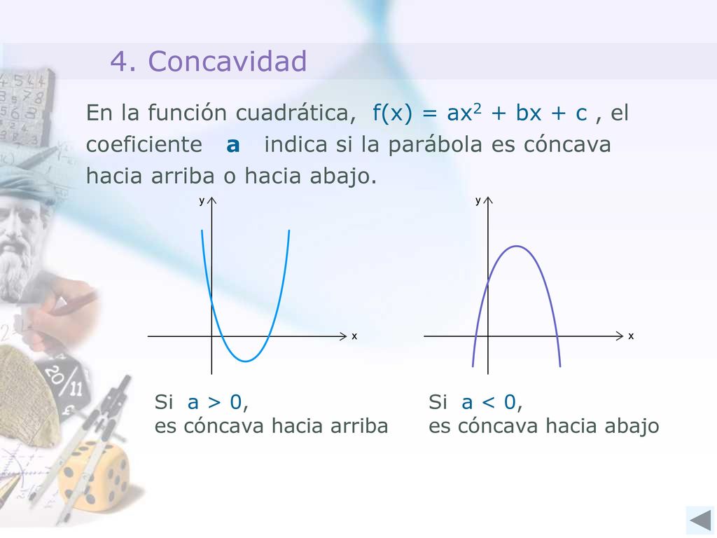 4. Concavidad En la función cuadrática, f(x) = ax2 + bx + c , el coeficiente a indica si la parábola es cóncava hacia arriba o hacia abajo.