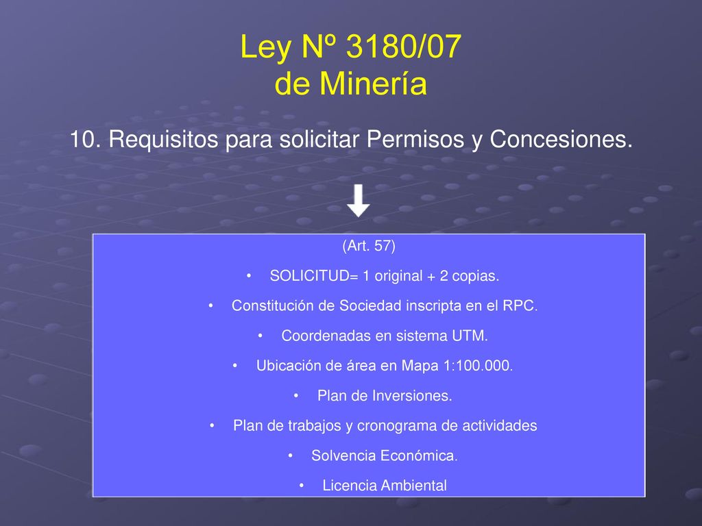 Ley Nº 3180/07 de Minería 10. Requisitos para solicitar Permisos y Concesiones. (Art. 57) SOLICITUD= 1 original + 2 copias.