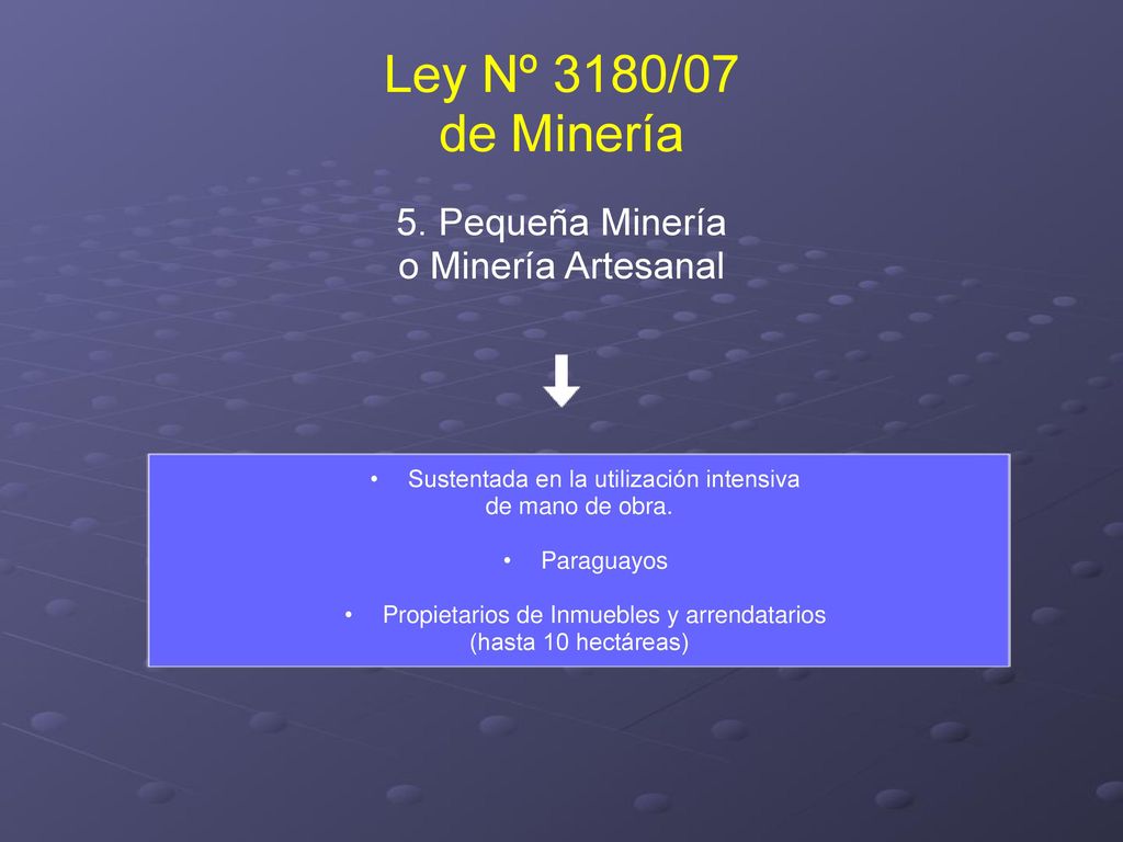 Ley Nº 3180/07 de Minería 5. Pequeña Minería o Minería Artesanal