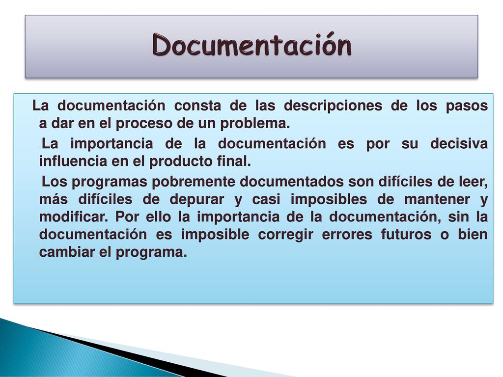 Documentación La documentación consta de las descripciones de los pasos a dar en el proceso de un problema.