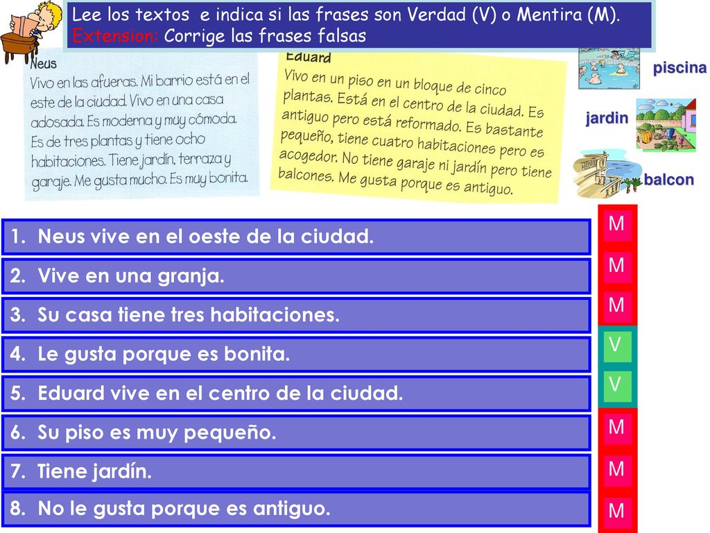 1. Neus vive en el oeste de la ciudad. M 2. Vive en una granja.