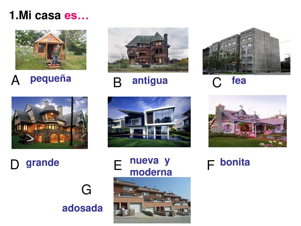 A B C D E F G 1.Mi casa es… pequeña antigua fea nueva y moderna grande