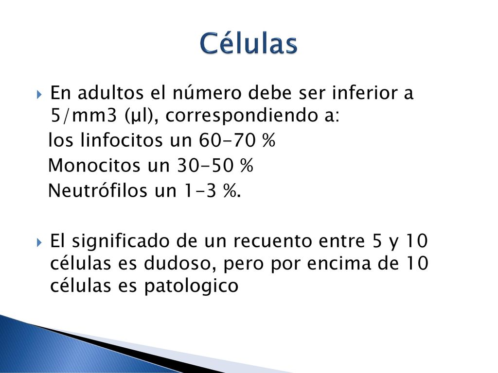 Células En adultos el número debe ser inferior a 5/mm3 (μl), correspondiendo a: los linfocitos un %