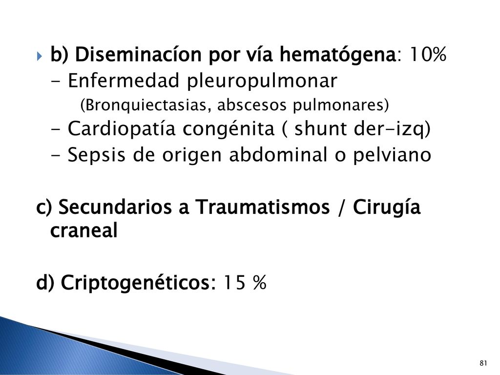 b) Diseminacíon por vía hematógena: 10% - Enfermedad pleuropulmonar